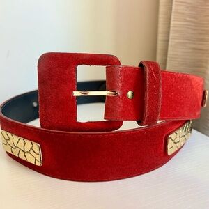 Vintage Red Suede Belt w/ Gold Tone Accent Plates | 38”